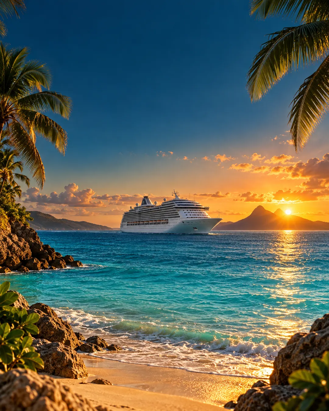 Golden Caribbean sunset over turquoise water, with palms and a cruise ship