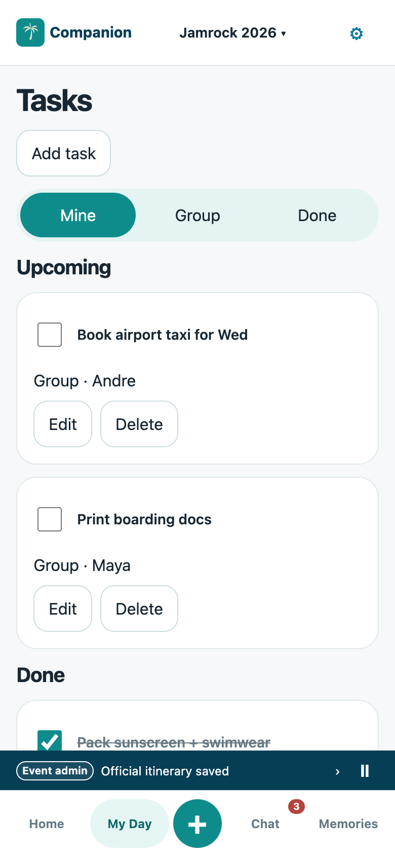 Tasks screen for private and group tasks